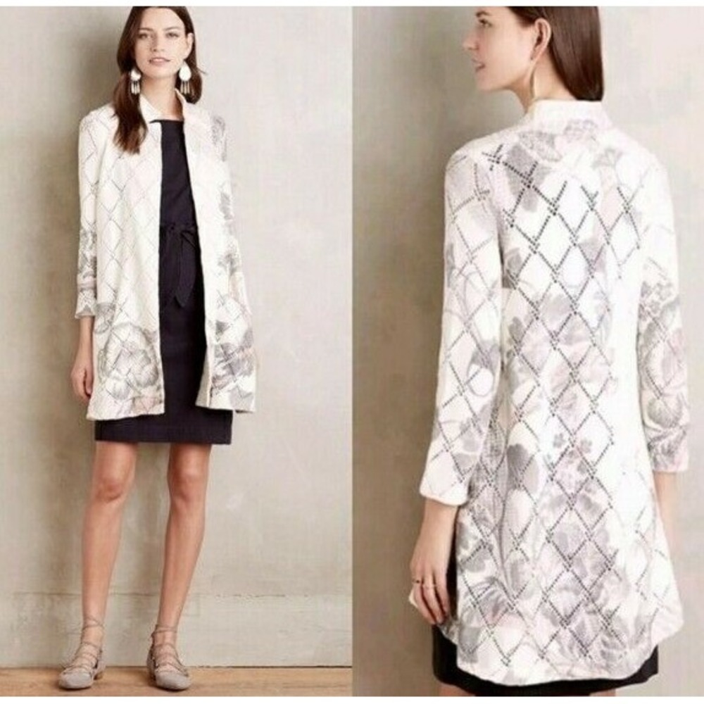 Knitted & Knotted Anthropologie Cardigan Sweater XS White Open Front Cotton Knit